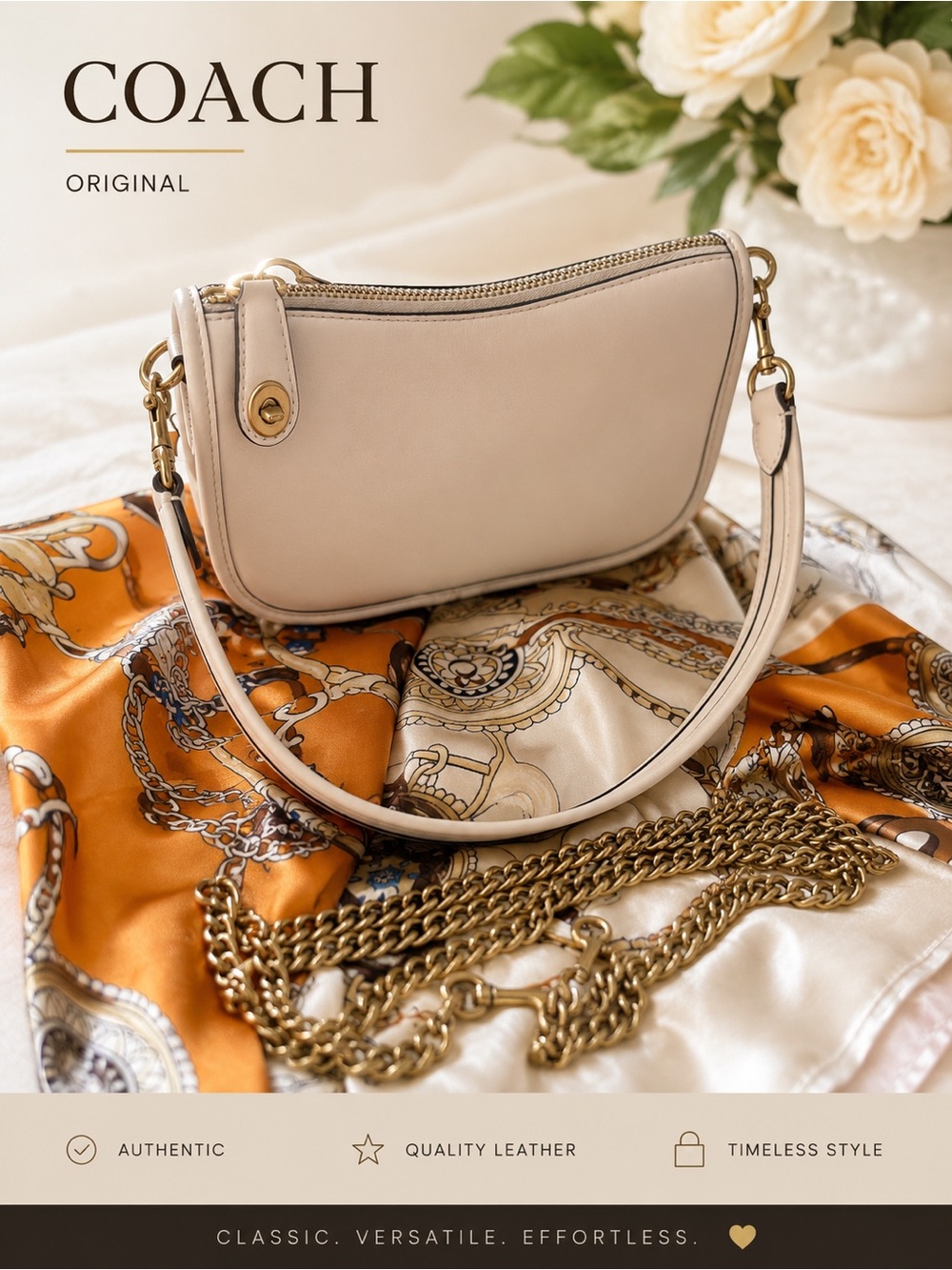 COACH Cream Leather Shoulder Bag with Gold Hardware